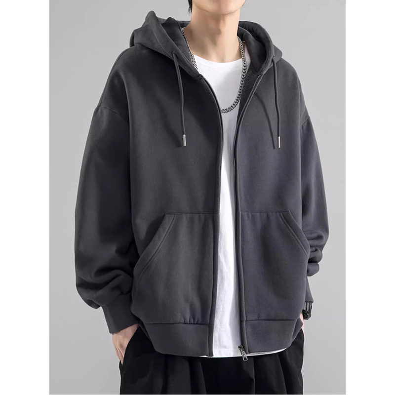 Cardigan Sweatshirt for Men, Autumn and Winter Clothing, American Style Trendy Brand Jacket, Hooded Top, Hong Kong Style Loose Heavyweight 100% Cotton Coat