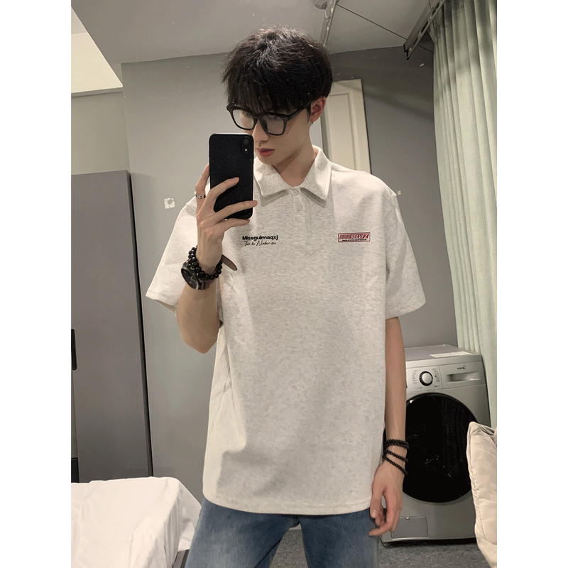 White and Gray Short-Sleeved Polo Shirt for Men, Summer High-End Style, Cool and Handsome, Turn-Down Collar T-Shirt, American Style, Heavy Weight, Regular Shoulder, Five-Quarter Sleeves White and Gray Short-Sleeved Polo Shirt for Men, Summer High-End Style, Cool and Handsome, Turn-Down Collar T-Shirt, American Style, Heavy Weight, Regular Shoulder, Five-Quarter Sleeves