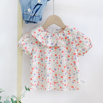 Girls short sleeve T-shirt 1-3 years old baby girl summer flower base shirt cotton Enn bear summer childrens coat