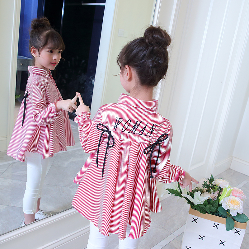 Áo sơ mi 2019 mới mùa xuân Girls và Air thêu sọc áo mùa thu Baby Girl của trẻ em Hàn Quốc dài tay áo.