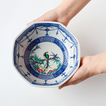 Japan imported Kutani-yaki blue bird retro octagonal ceramic large household ramen bowl Soup bowl Donburi deep bowl