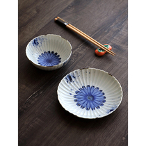 Japanese imported Arita-yaki ceramic plate Blowing ink hand-painted blue chrysanthemum Japanese cuisine side dish cake dessert flat plate