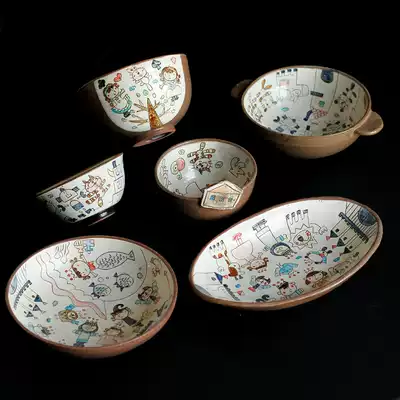 Japanese imported pottery writer Japanese tableware hand-painted fairy tale princess Prince cartoon Bowl plate double ear bowl