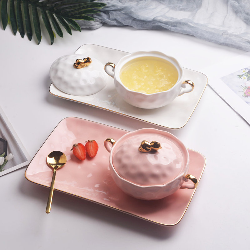 Sugar Water Oatmeal Bowl Sweet bowl Delicate Suit Eurostyle Small Lavish Ceramic Flushing Bowl Home Cutlery Yogurt Bowl with lid