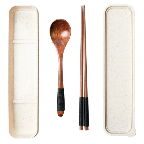 Японские палочки для еды, ложка, портативный комплект, деревянная коробка для хранения, посуда для школьников, простой и элегантный дизайн