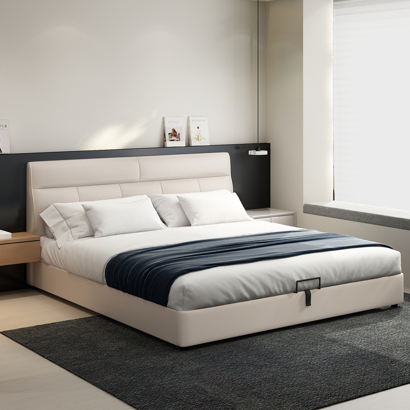 Ultra-Thin Bedside Bed, Italian Light Luxury Minimalist Leather Bed, Full-Edge Small Apartment Space-Saving Double Bed, Master Bedroom Large Bed