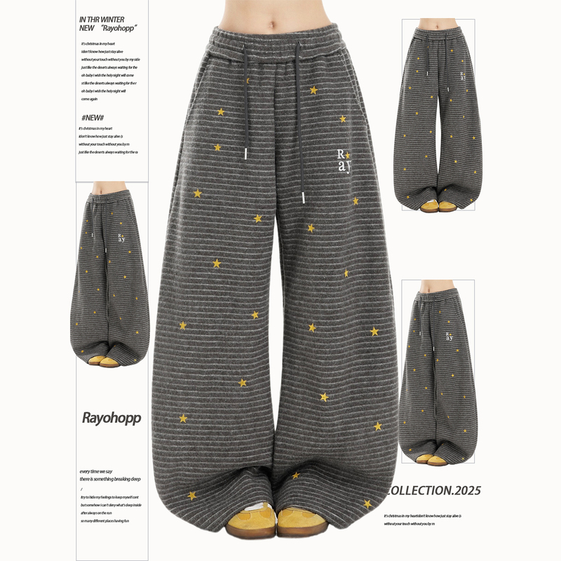 Rayohopp American Retro Star Stripe Casual Pants for Women, Spring Versatile Slimming Wide-Leg Pants, Long Pants ins Trendy