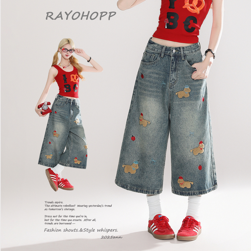 Rayohopp American-Style Cute Puppy Towel Embroidery Denim Shorts for Women, New Summer Vintage Loose Cropped Pants Trendy Rayohopp American-Style Cute Puppy Towel Embroidery Denim Shorts for Women, New Summer Vintage Loose Cropped Pants Trendy