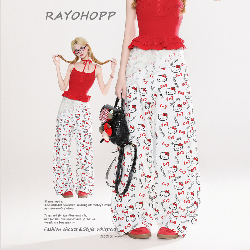 Rayohopp All-Over Hello Kitty Design Jeans for Women, New American Style, Slimming, High Street, Drapey Wide-Leg Pants