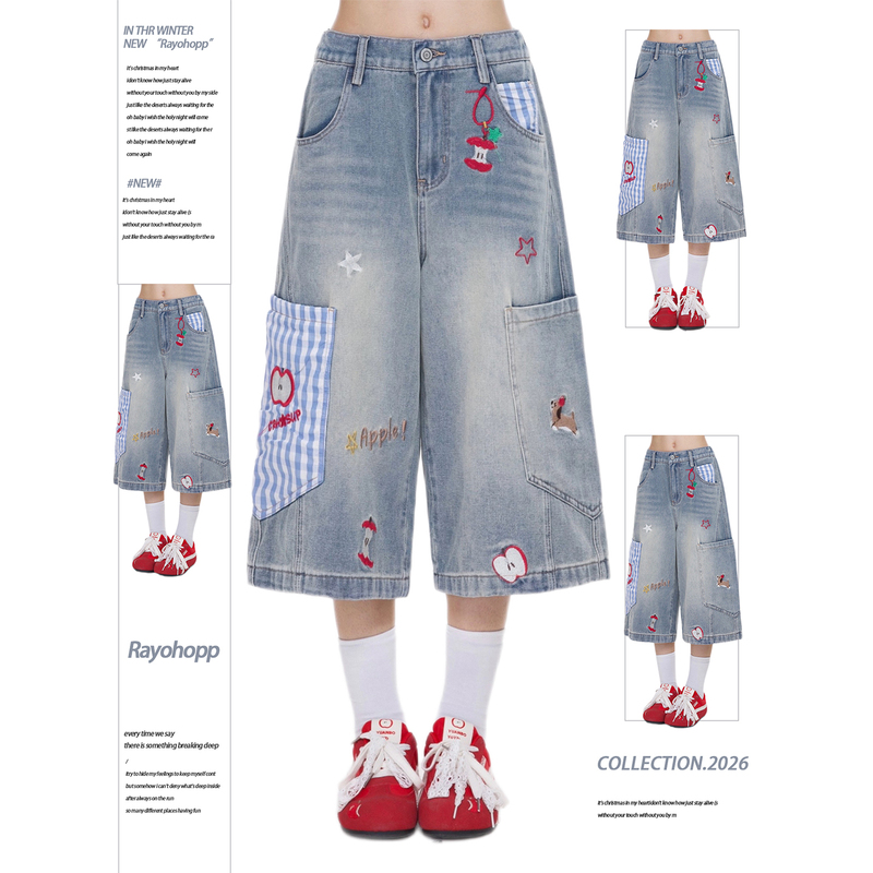 Rayohopp Apple Plaid Embroidered Cropped Denim Shorts for Women, Summer Casual Wide-Leg Straight Workwear Shorts Trendy