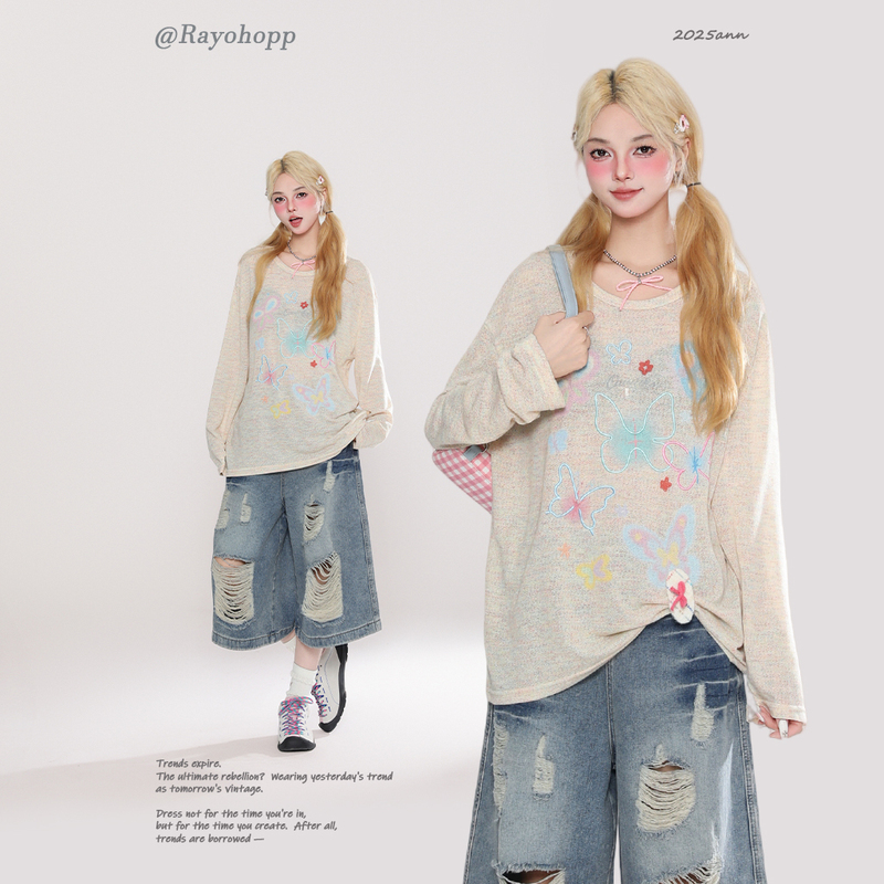 Rayohopp Retro Butterfly Embroider Printed Long-Sleeved T-Shirt for Women Summer New Loose Slimming Blouse Top ins