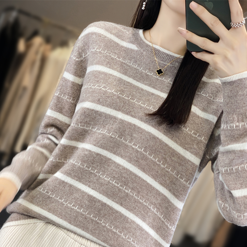 Andy Velvet Horizontal Striped Knit Sweater for Women 2023 New Long-Sleeve Base Shirt Autumn and Winter Short Pullover Crew Neck Sweater
