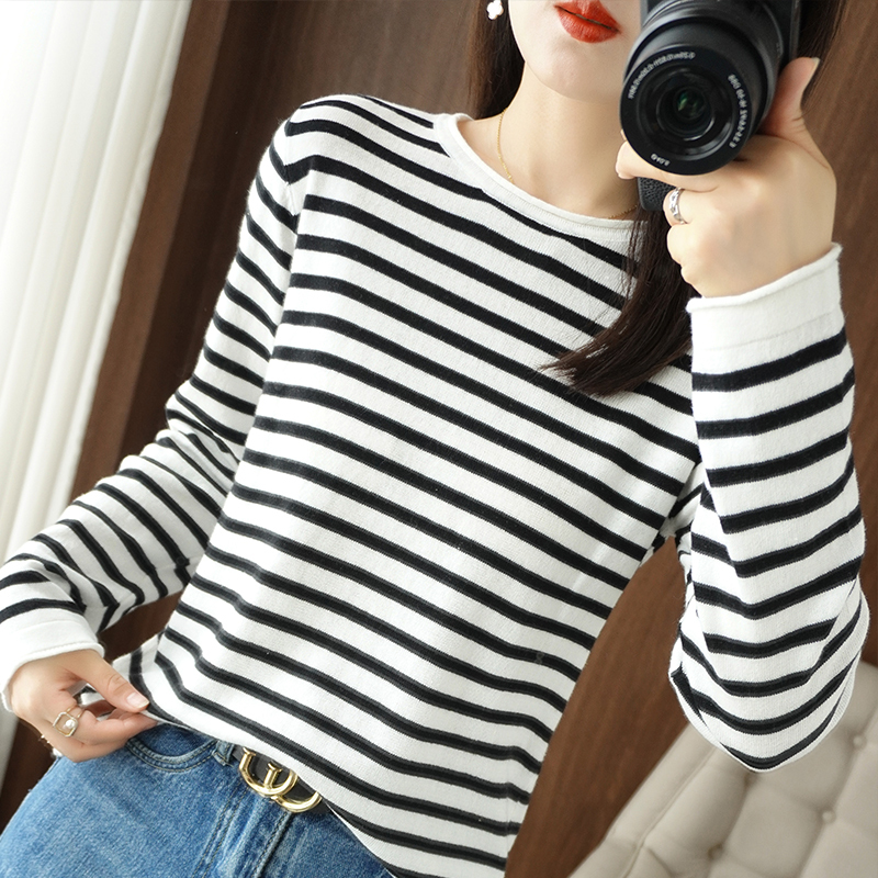 Spring and Autumn New Style Women's Long-Sleeve Pure Cotton Knit Sweater, Round Neck Base Shirt, Full Cotton Striped Pullover with Rolled Edges and Regular Shoulders Spring and Autumn New Style Women's Long-Sleeve Pure Cotton Knit Sweater, Round Neck Base Shirt, Full Cotton Striped Pullover with Rolled Edges and Regular Shoulders
