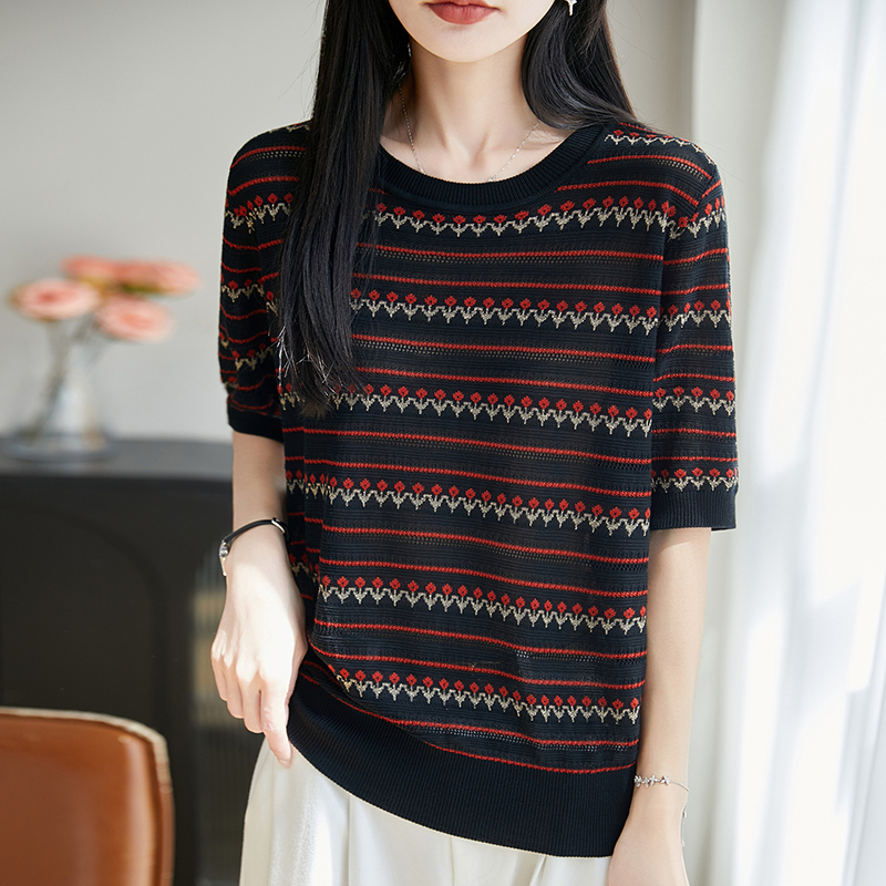 Summer New Style Women's Short-Sleeve Round-Neck Pullover Knit Top, Lyocell Tencel Striped Color-Blocking Thin Half-Sleeve Shirt