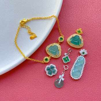925 Ancient Silver Gold-Plated Accessories Inlaid with Natural A-Grade Jade Buddha Peace Buckle Four-Season Bean Pendant Spacer Bead Bracelet