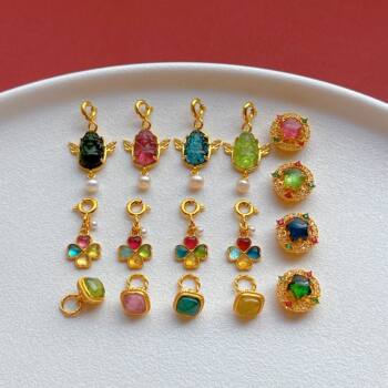 925 Ancient Silver Gold-Plated Accessories Inlaid with Natural Tourmaline Pixiu Four-Leaf Clover Pendant Five-Pointed Star Spacer Bead Back Cloud DIY
