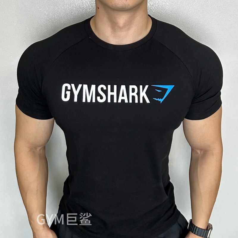 Addition and Subtraction Style Gymshark Short-Sleeve Gym Shark Men's T-Shirt Sports Elastic Cotton Fitness Clothing