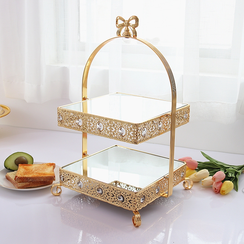 Golden Wedding Dessert Table Display Stand Mirror Tray Double-Layer Afternoon Tea Decorations European-Style Cold Meal Buffet Tea Break