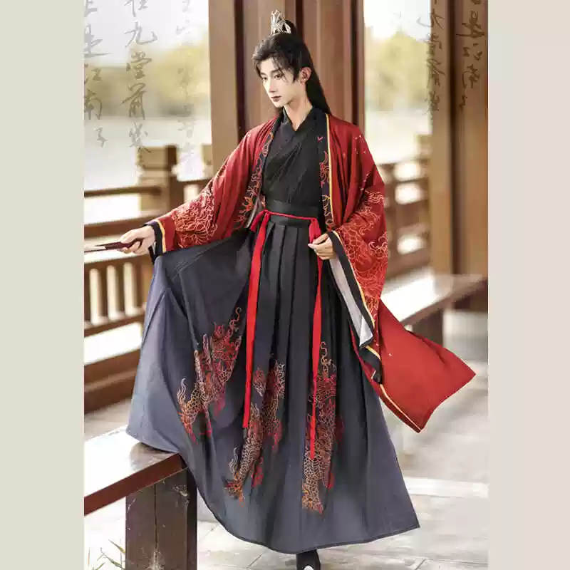 Nam chính hãng Wei Jin phong cách Hanfu phù hợp với màu đen in hào hiệp độc đoán cổ áo thêu hàng ngày cặp đôi hai màu