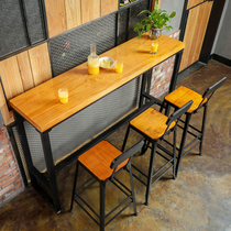Vintage industrial style solid wood bar table high table chair combination against the wall long table narrow milk tea shop bar with custom