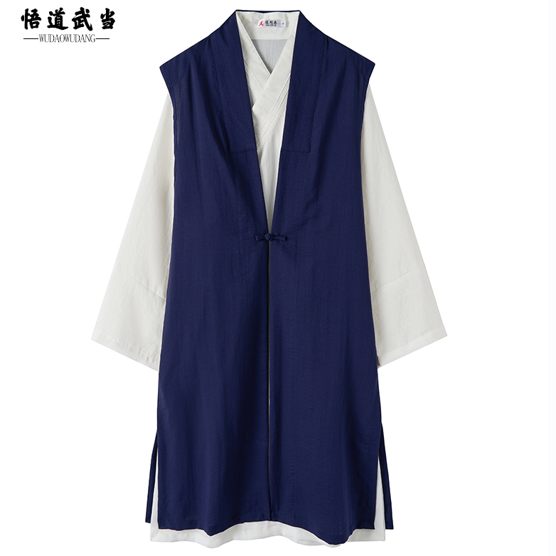 Wudang Linen Robe Taoist Clothing Men's Tai Chi Suit Women's Three-Clear Collar Long Robe Coat Cape Martial Arts Vest Hanfu Vest