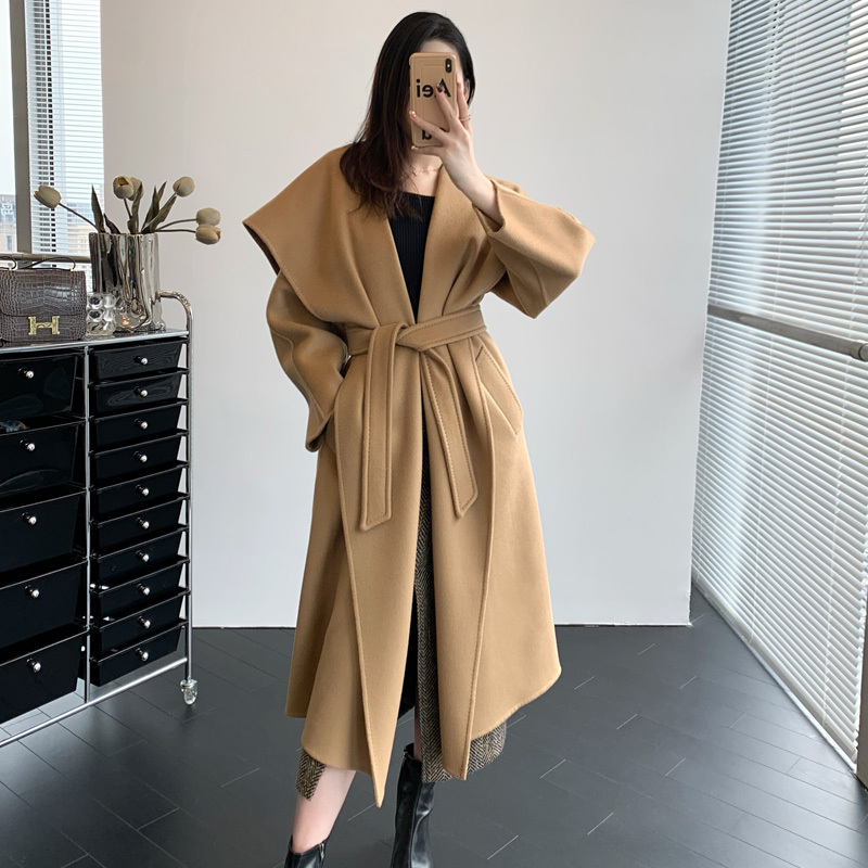 In77 Thirty Only Rienza Large Lapel Double-Sided Water Ripple Cashmere Coat Women's Mid-Length Woolen Jacket