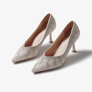 Gold-Colored Shallow-Mouthed Pointed-Toe Wedding Shoes, Engagement French-Style Rhinestone Princess Shoes, Comfortable for the Feet, Wedding Dress 2026 New Model Crystal Shoes