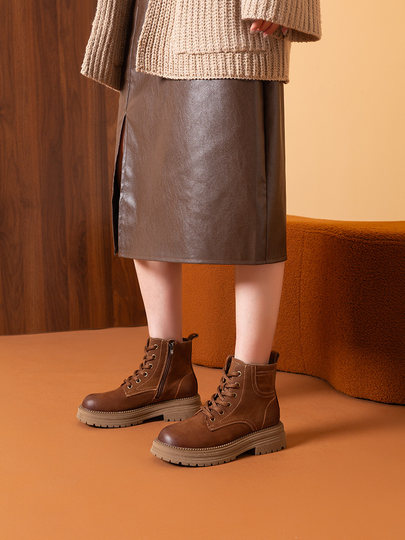 Genuine Leather Martin Boots Women's Maillard Short Boots Thick Soled Retro Round Toe Thick Heels 2025 Autumn and Winter Cow Leather Boots Trend