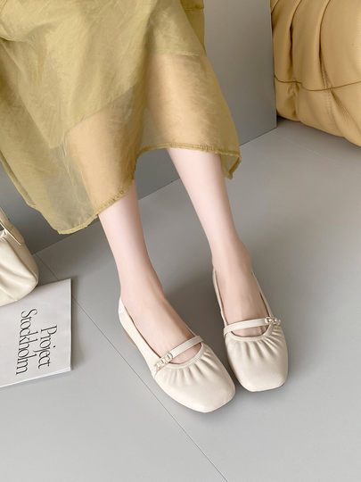 Sheepskin single shoes for women, low heel, soft leather, soft surface, soft sole, genuine leather, shallow mouth Mary Jane, comfortable and versatile pearl small leather shoes