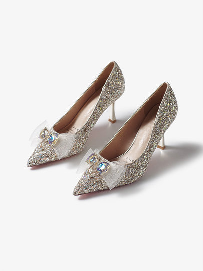 High-heeled wedding shoes, pointed toe bridal shoes, engagement French style comfortable princess non-tiring feet wedding dress toast champagne color crystal shoes