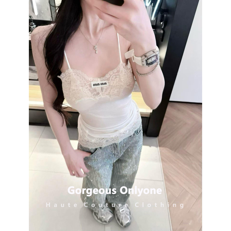Gorgeous Onlyone Casual Basic Design Lace Patchwork Camisole Women's White Sexy Top