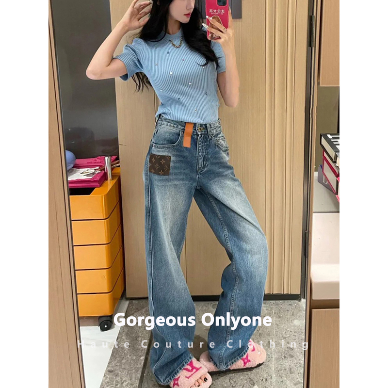 Gorgeous Onlyone High-End Top Version 26Ss New High-Waisted Straight Wide-Leg Leather Label Jeans Long Pants for Women Gorgeous Onlyone High-End Top Version 26Ss New High-Waisted Straight Wide-Leg Leather Label Jeans Long Pants for Women
