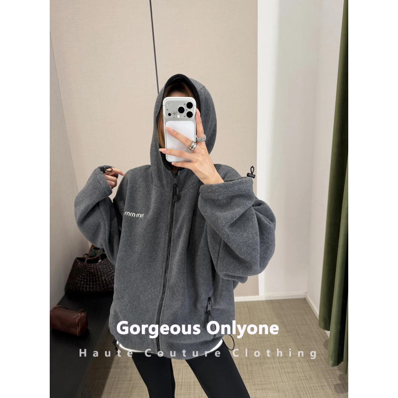 Gorgeous Onlyone Gray Diary! Fleece Hooded Zip-Up Cardigan for Women, Loose Sweatshirt Jacket
