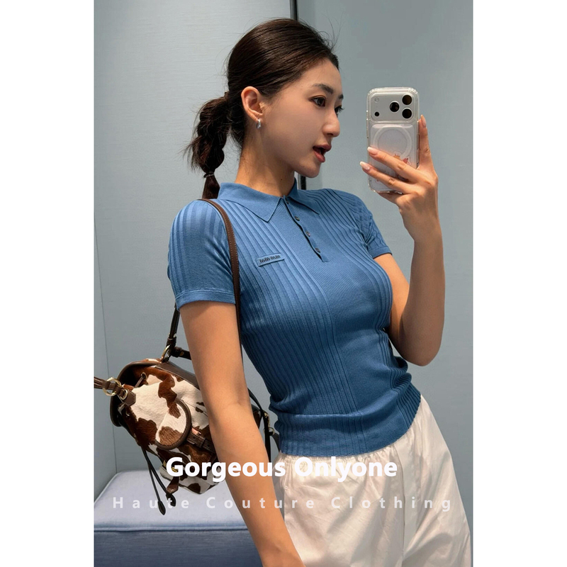 Gorgeous Onlyone Top-Tier Version! New Blue Polo Collar Short-Sleeved Knit Top, Feminine Lapel Top