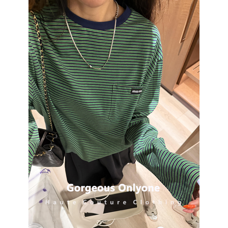 Gorgeous Onlyone Green Forest! Striped Long-Sleeve T-Shirt for Women, Loose Round Neck, Color-Blocked Pocket Top Gorgeous Onlyone Green Forest! Striped Long-Sleeve T-Shirt for Women, Loose Round Neck, Color-Blocked Pocket Top