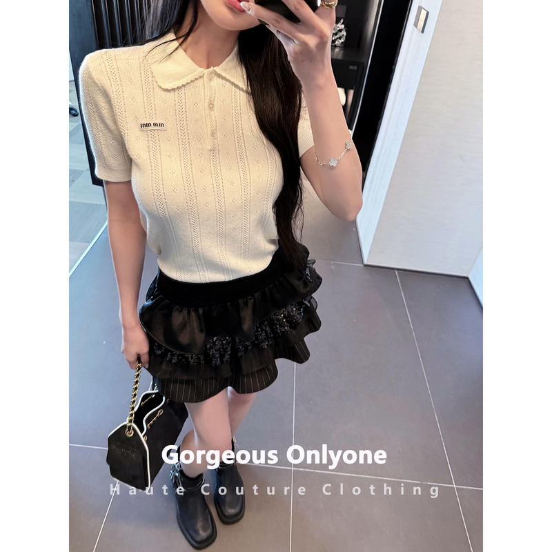 Gorgeous Onlyone Top-Tier Version! College-Style Lapel Hollow-Out Knit Polo Shirt Short-Sleeve Slimming Top