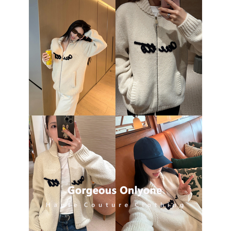 Gorgeous Onlyone, You Can'T Go Wrong! Letter Embroidered Small Stand-Up Collar Zip-Up Knit Cardigan Women's Sweater Jacket