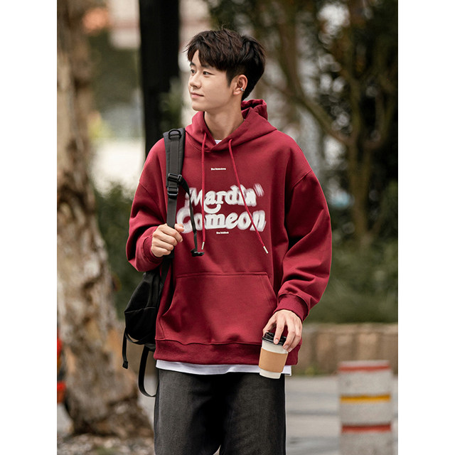 BOLM Spring and Autumn American Blurred Letter Printed Hooded Burgundy Sweatshirt Men's Loose Trendy Brand Hoodie Couple Jacket