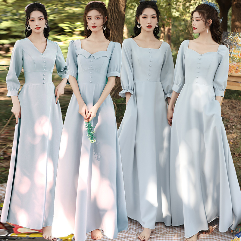 Bridesmaid Dress Long Skirt Spring and Summer New Style Sister Group Slimming Long-Sleeved Solid Color Korean Style Fairy-Like Elegant Daily Women's Performance Dress