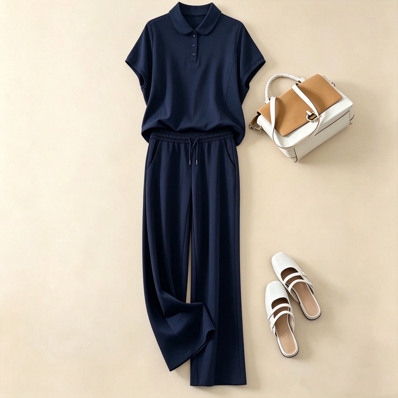 Lazy and Luxurious Style, Navy Blue Casual Suit for Women, 2026 New Summer Thin High-End Sportswear Two-Piece Set