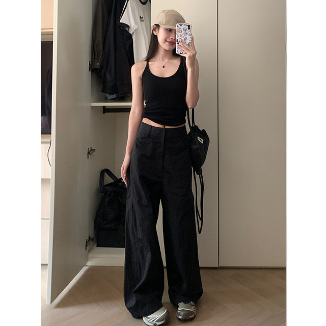 Grabyou American overalls women's summer pants casual black pants ກາງເກງຂາກວ້າງຊື່ ກາງເກງບາງໆ