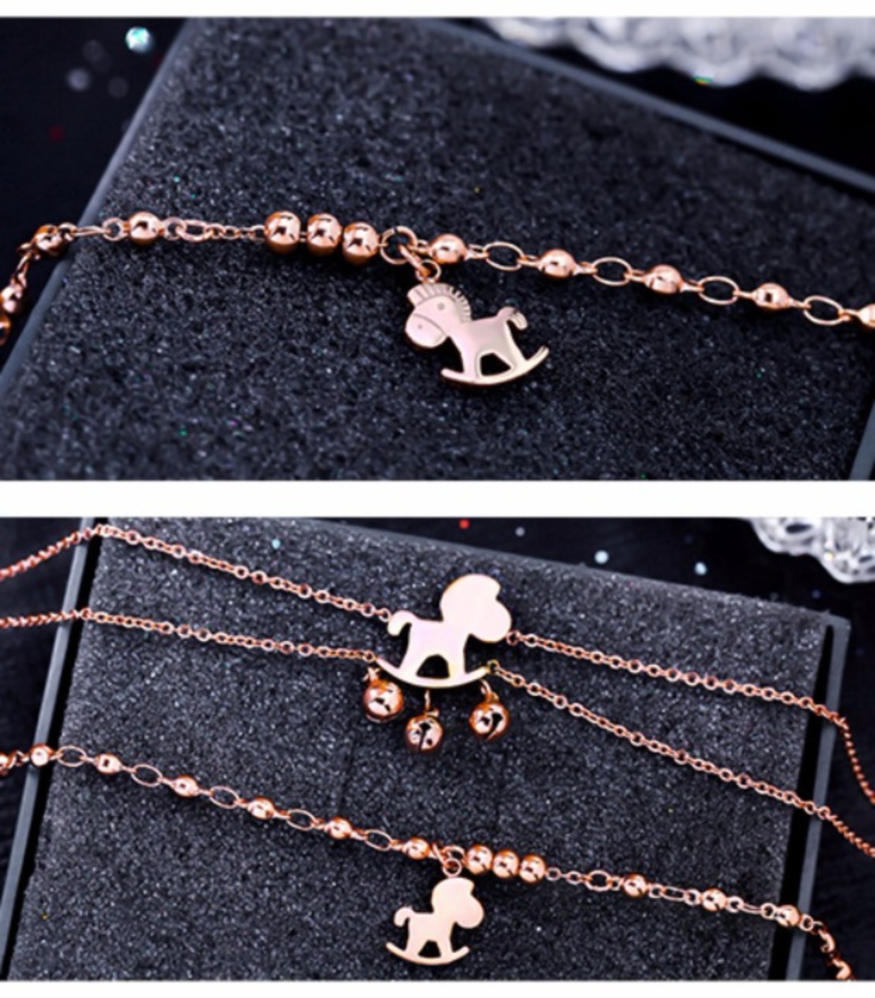 Chuông ngựa gỗ nhỏ hai vòng vòng chân nữ mạ vàng hồng 18K phiên bản Hàn Quốc của chuỗi chân vàng màu sắc không làm phai chuỗi mắt cá chân vòng chân bạc nữ đẹp