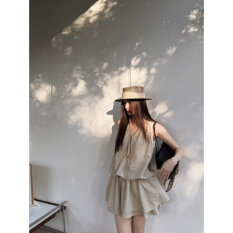 Ruan Xiaomi Smileme Linen Sleeveless Dress for Women, Summer 2026 New Style, Puffy Skirt, Short Tank Dress Ruan Xiaomi Smileme Linen Sleeveless Dress for Women, Summer 2026 New Style, Puffy Skirt, Short Tank Dress