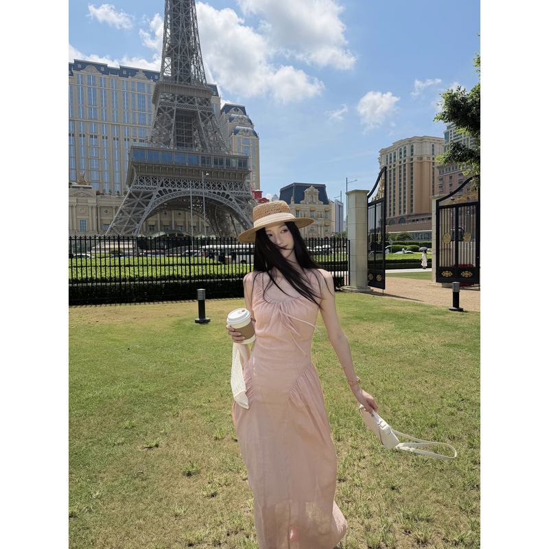 Ruan Xiaomi Smileme【Flower Shadow Sequence】100% Ramie Pink Dress Women's Summer 2026 Sleeveless Tank Dress