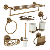 All copper European antique bath towel rack Toilet brush clothes hook Double-layer storage tissue box Bathroom pendant set free hole