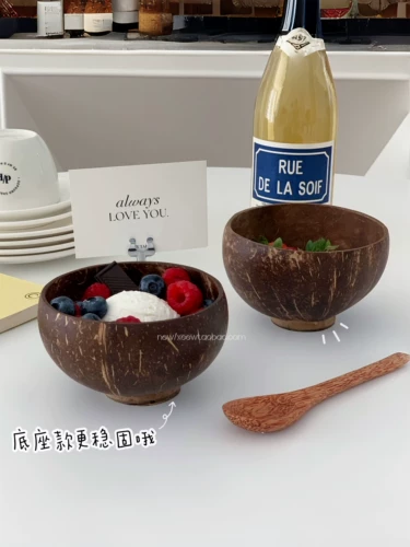 Миска для йогурта, овсянка с кокосом, деревянная миска, миска из скорлупы кокоса, салат, хлопья, десерт, фрукты, посуда для завтрака, деревянная миска с ложкой