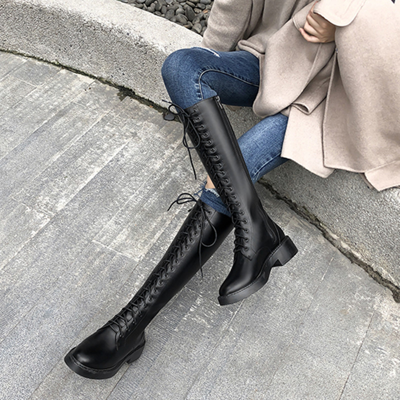Genuine Leather Martin Boots for Women, British Style, 2025 Winter, Lace-Up, Chunky Heel, High-Top, Slimming Long Boots, Thick-Soled, Fleece-Lined Riding Boots