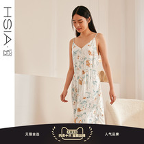 HSIA ya sexy nightdress ladies deep V neckline fashion print satin silky loose new home suspender dress