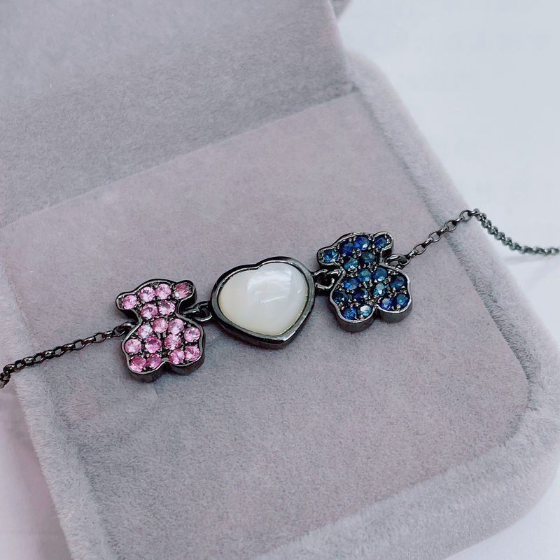 Natural Pink Sapphire Blue Sapphire Bracelet for Women, Light Luxury Original Design, 925 Sterling Silver, Bear Design, Natural