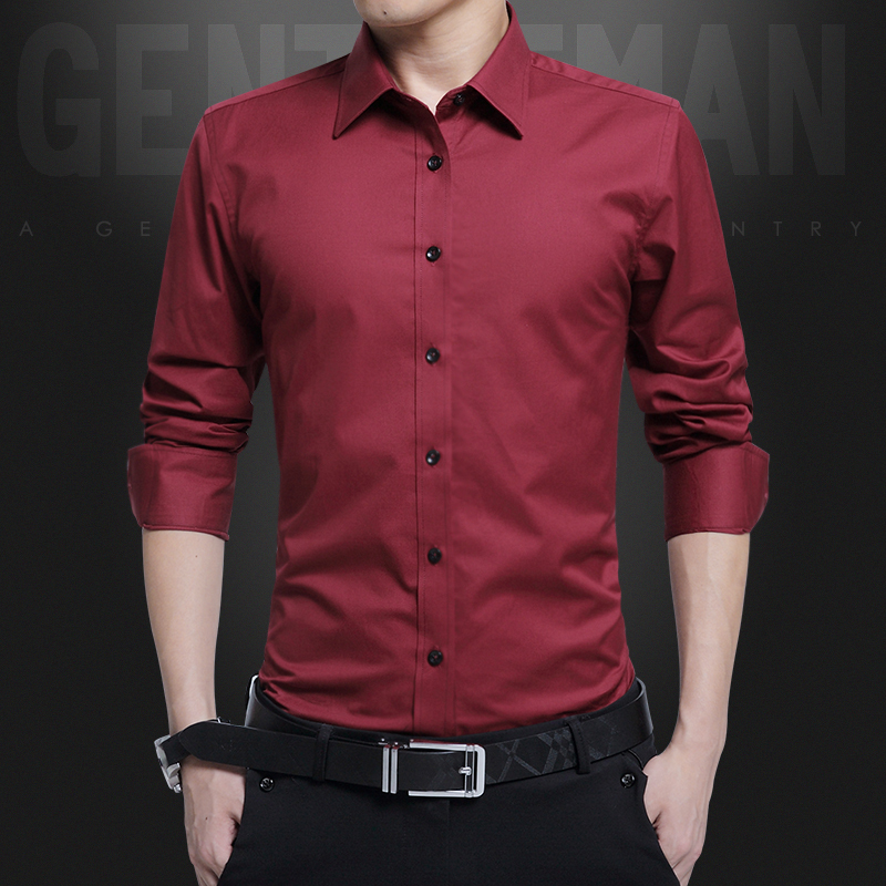 Burgundy Men's Summer Long-Sleeve Slim-Fit Shirt for Groom, Wedding, Business Formal Wear, Thin Shirt That Matches with a Suit